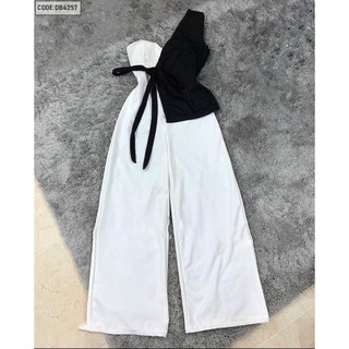 jumpsuit dài nữ lệch vai (có mút ngực) cột nơ eo