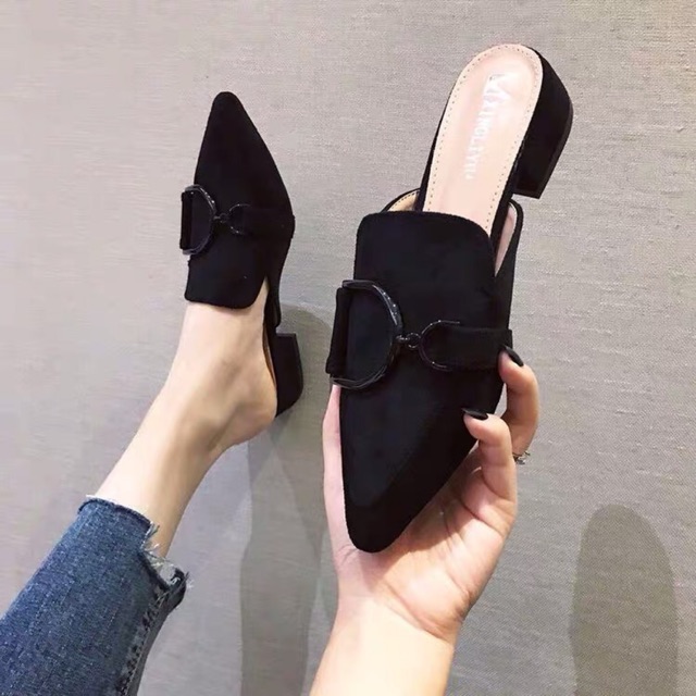 (Order-ảnh thật) sz 35-40 Dép sục mũi nhọn da lộn phối tag D, đế vuông 4cm