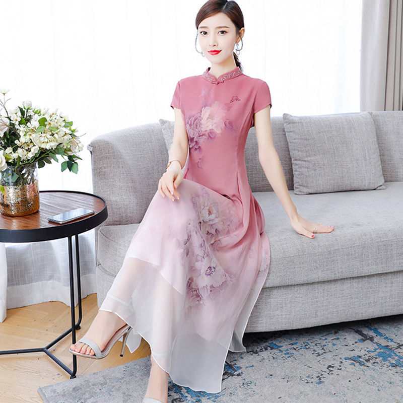 Dress chiffon dress female short-sleeved long print improved version cheongsam dress summer new style embroidery printing