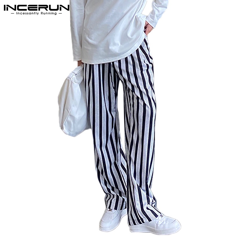 Quần dài INCERUN dây rút ống rộng lưng co giãn in họa tiết chấm bi/kẻ sọc thời trang thường ngày cho nam