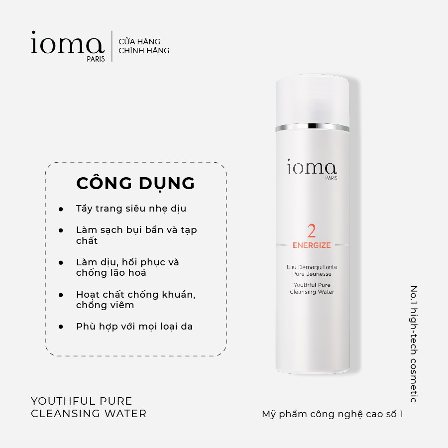 Nước tẩy trang dưỡng ẩm dịu nhẹ, chống lão hoá IOMA PARIS Youthful Pure Cleansing Water 200ml