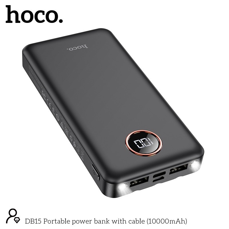 Pin sạc dự phòng Hoco DB15 10000mAh 2 input, 2 output, kèm 3 cáp sạc, chức năng đèn pin (Đen) - Nhất Tín Computer