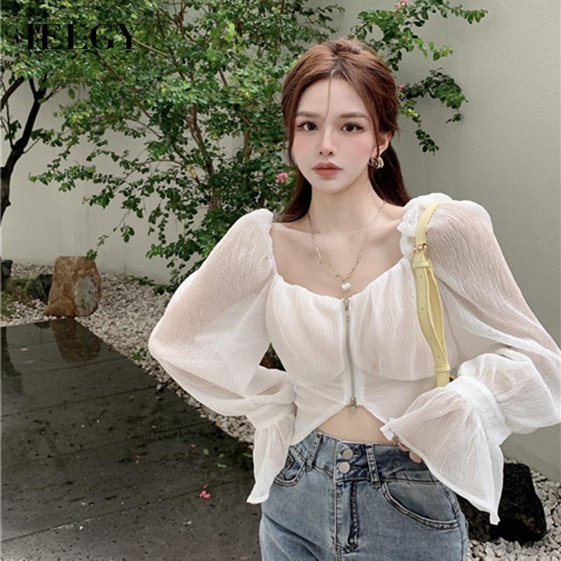 Áo chiffon IELGY tay loe có khóa kéo phong cách Pháp thời trang cho nữ