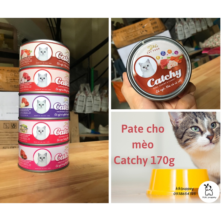 Pate mèo cá ngừ, gà trong thạch Catchy 170g, lon lớn