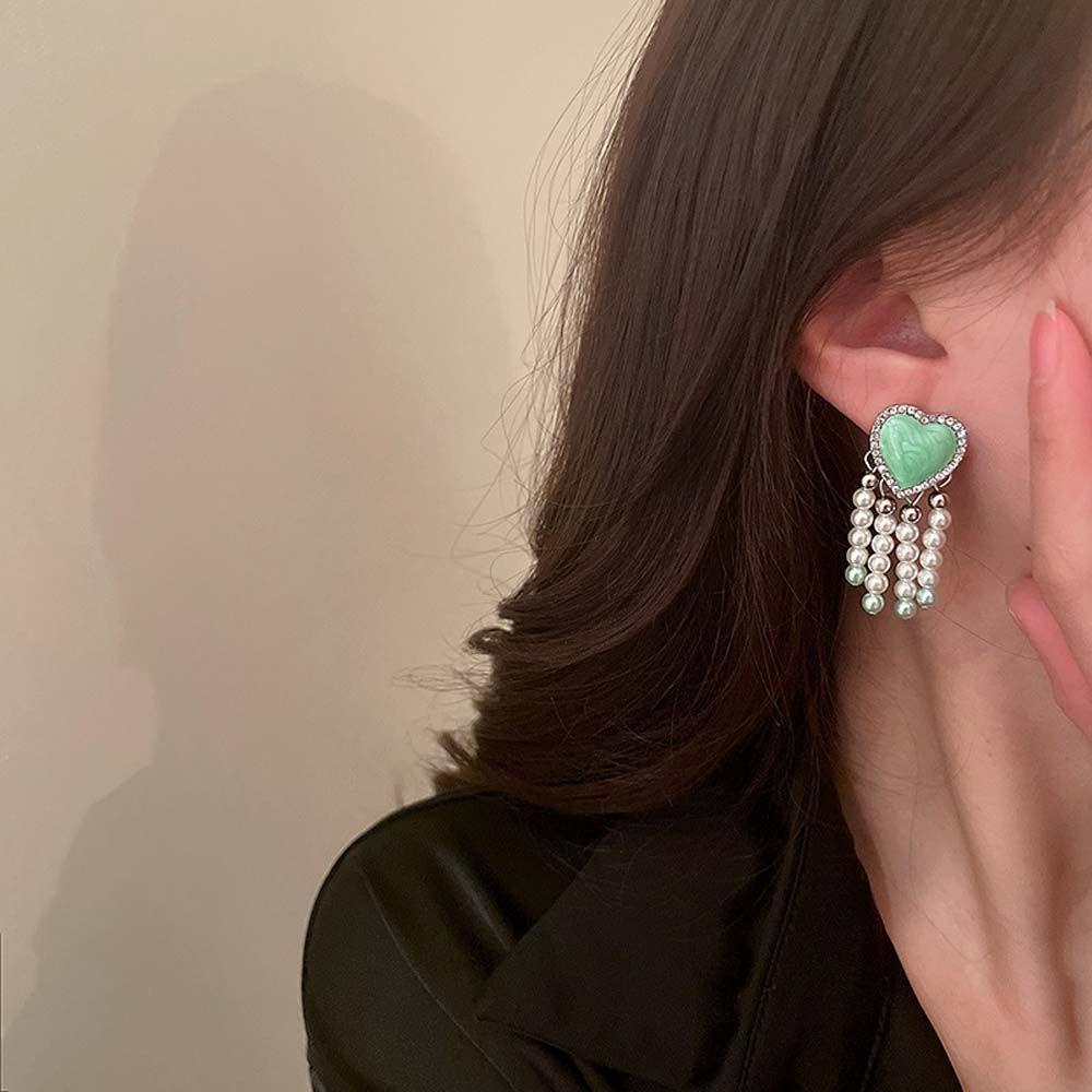 Khuyên Tai Hình Trái Tim Màu Xanh Lá Cây Dễ Thương Dành Cho Bạn Gái|Khuyên Tai Nữ Trang Dáng Dài Tạo Hình Độc Đáo