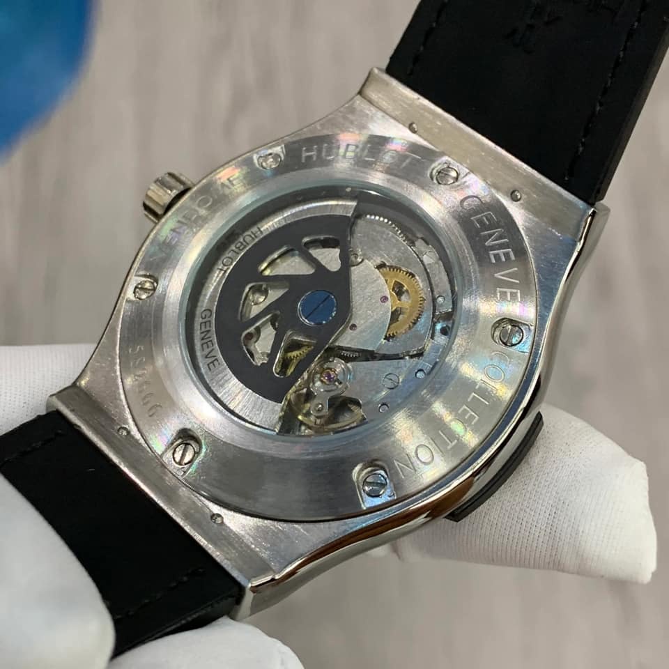 Đồng hồ Hublot Nam đính đá kép 2 vành đá máy cơ automatic mặt đen vỏ trắng 42mm dây da, dây cao su | BigBuy360 - bigbuy360.vn