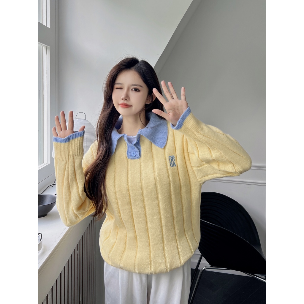 DUNEA Áo Sweater Dệt Kim Form Rộng Phối Màu Xinh Xắn Cho Nữ