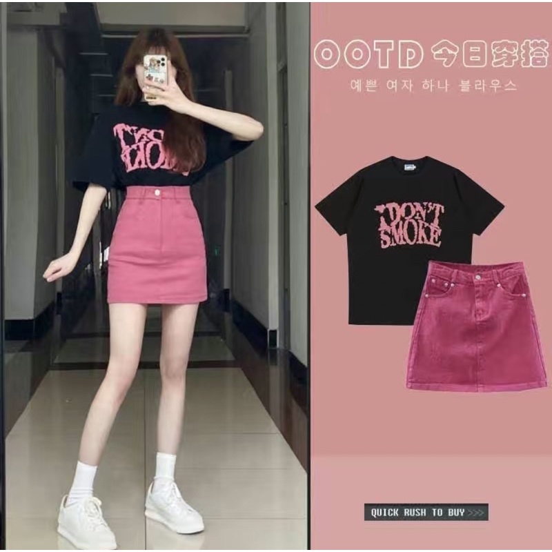 Set áo thun váy jean hồng ngắn(Bigsize 80kg) ( Sẵn)