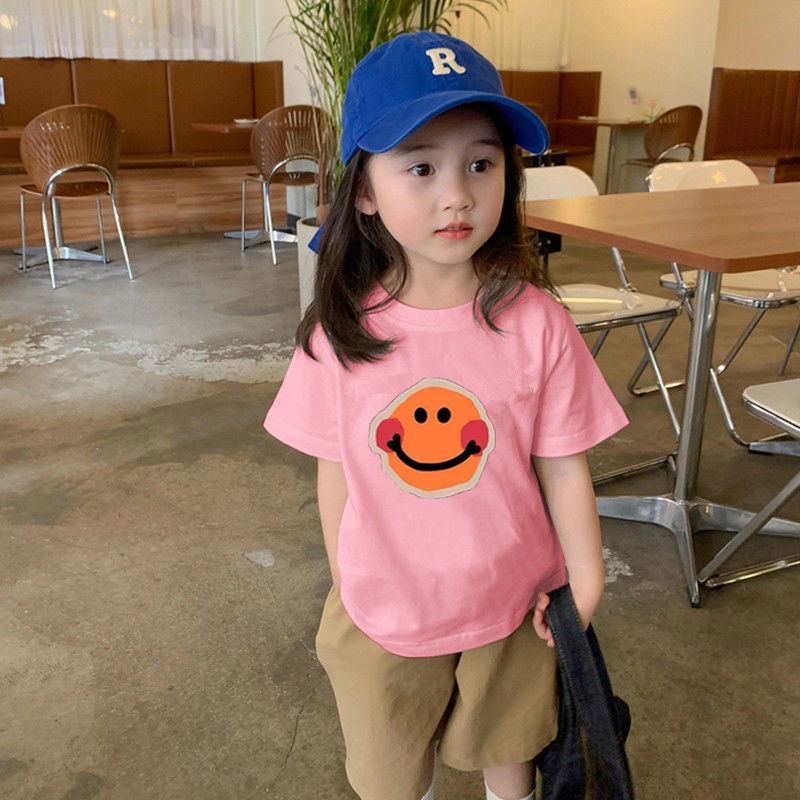 Áo Thun Cotton Nguyên Chất Tay Ngắn In Hình Mặt Cười Phong Cách Phương Tây Thời Trang Mới Dành Cho Bé Gái 2022