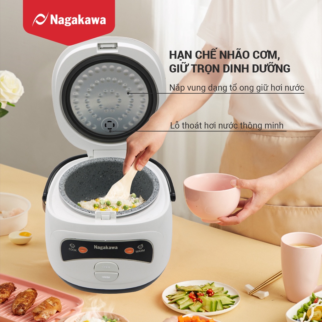 Nồi cơm điện 1L Nagakawa NAG0134 (400W) - Lòng nồi dạng niêu chống dính - Bảo hành 12 tháng - Màu sắc: Đen Trắng