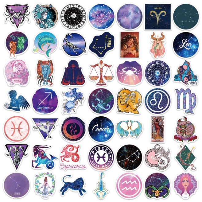 Combo Sticker CUNG HOÀNG ĐẠO nhựa PVC không thấm nước, dán nón bảo hiểm, laptop, điện thoại, Vali, xe