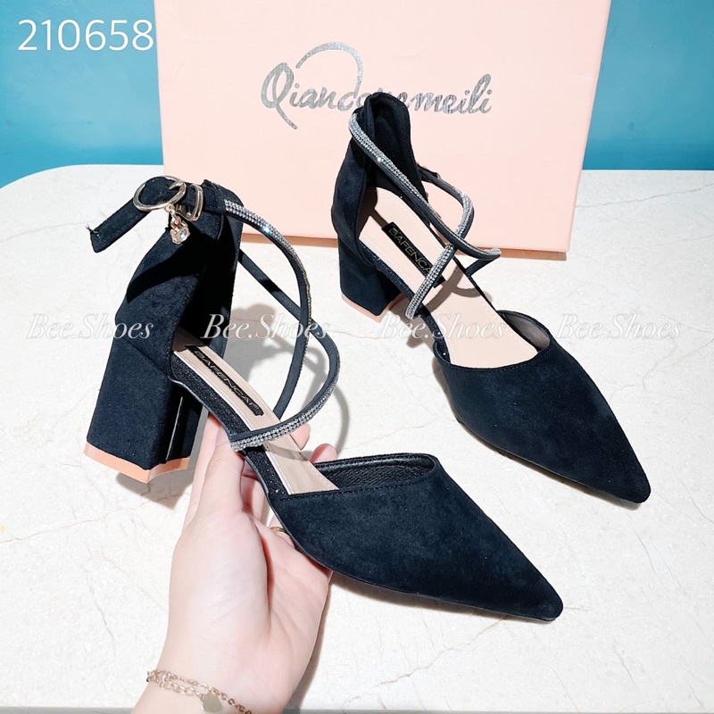 BEESHOES - GIÀY CAO GÓT BEESHOES DÂY ĐÁ SIÊU XINH GÓT TRỤ 7 PHÂN SẴN MÀU ĐEN 210658