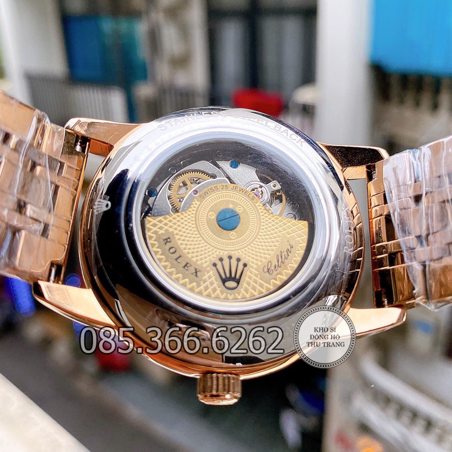 Đồng hồ nam Rolex cơ Automatic Máy Nhật mẫu 6 kim đen viền vàng size 40-41mm