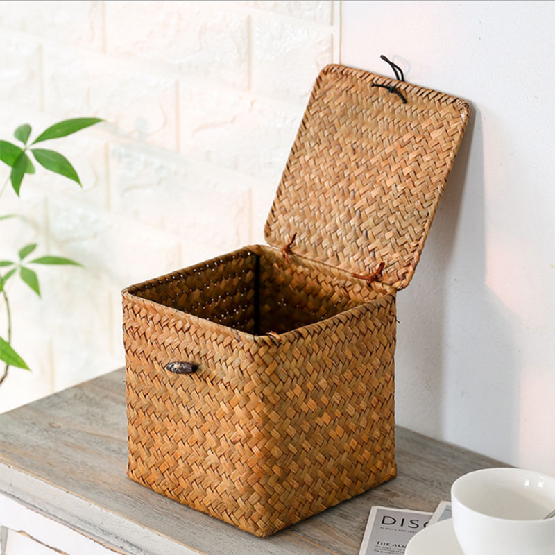 Hộp đựng khăn giấy bằng cói đan thủ công Hộp Đan Mây Thủ Công Hình Vuông Có Nắp Kích Thước 20x20x11cm