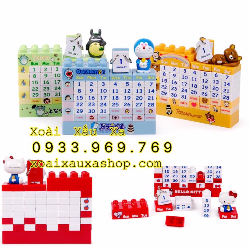 Bộ mô hình lịch mini Lego lắp ráp hoạt hình Kitty, Đoraemon, Totoro...12*13cm