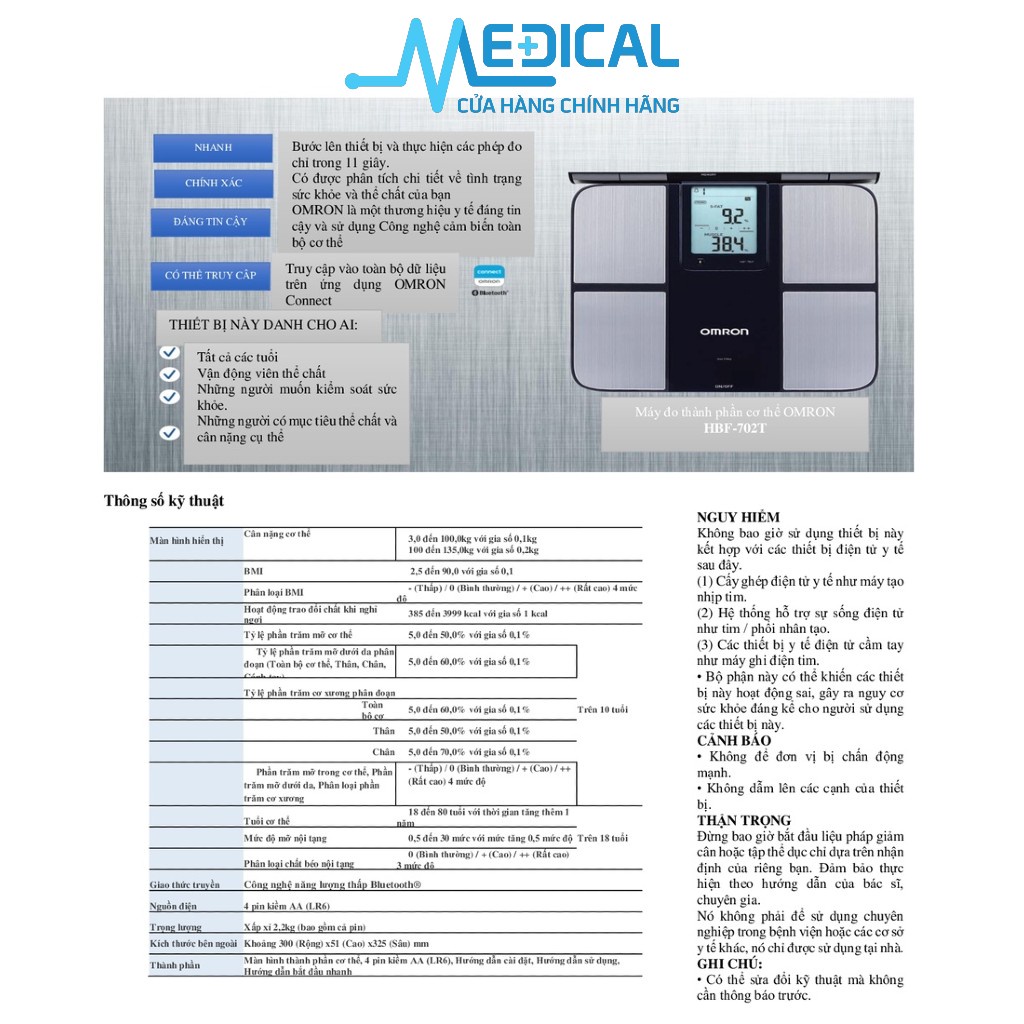 Cân đo thành phần cơ thể cao cấp OMRON HBF-702T kết nối bluetooth và ứng dụng OMRON connect - MEDICAL