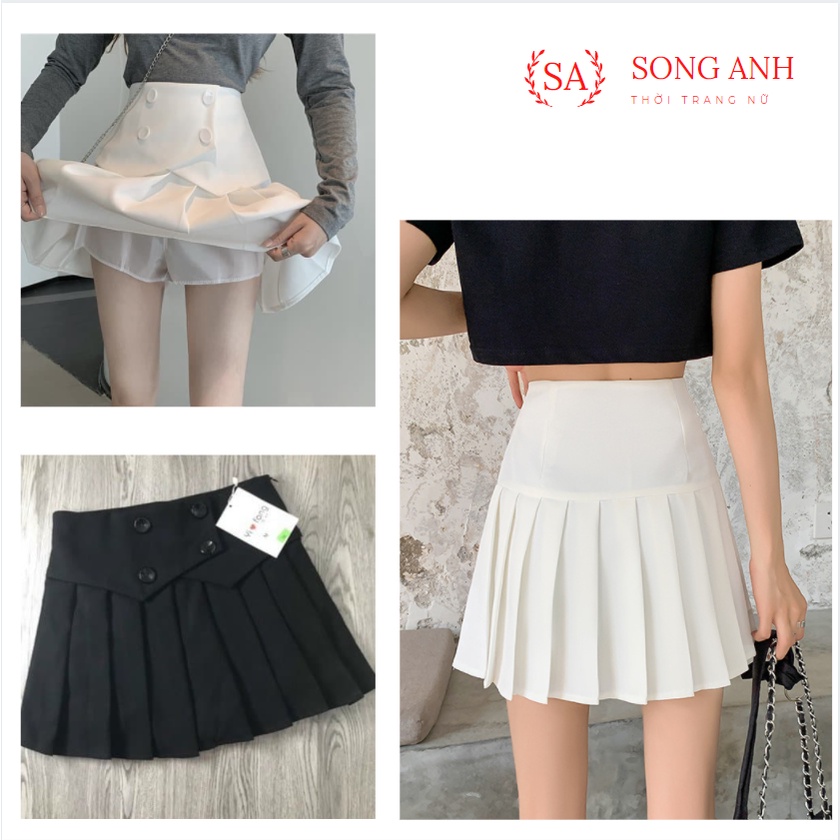 Chân váy tennis xếp ly màu trắng đen xếp li skirt cạp lưng cao ngắn chữ a phối cúc phong cách ulzzang