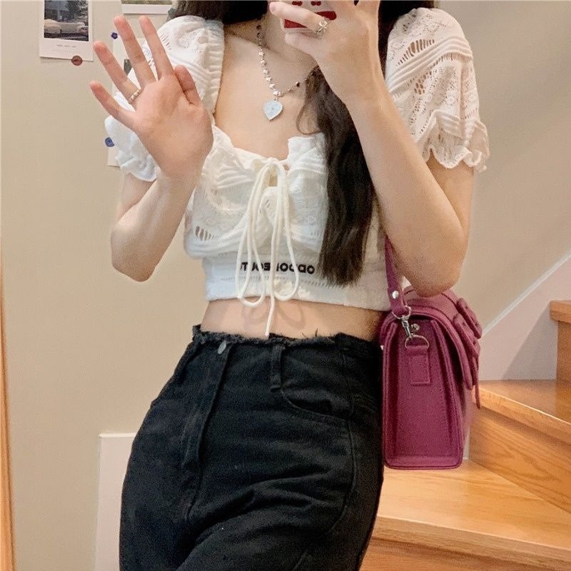 Đầm Ngắn Tay Phồng Cổ Vuông Eo Cao Phối Ren Thời Trang Mùa Hè Cho Nữ