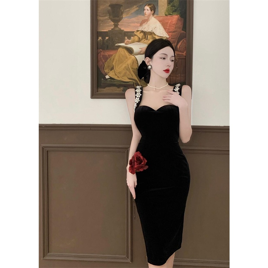 Đầm Hai Dây Màu Đen Phong Cách Pháp Cổ Điển Thời Trang Mùa Hè Cho Nữ 2022