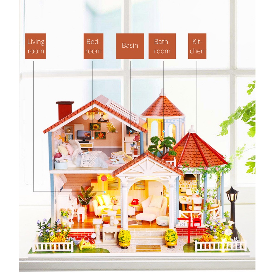 Mô hình nhà búp bê gỗ biệt thự Coloured Glazed Time L2001 (tặng keo, đèn, sách hd, hộp pin) tự lắp ráp DIY dollhouse