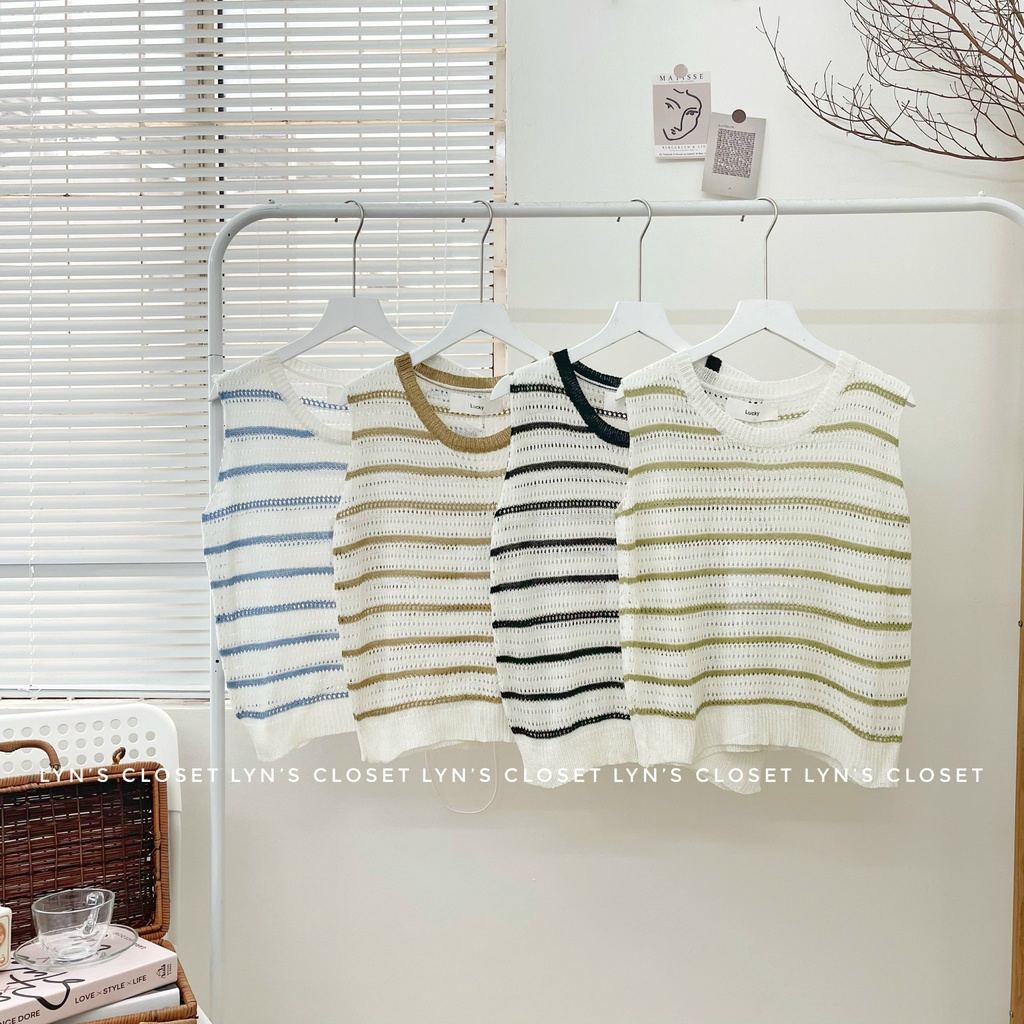 Áo len lưới sát nách sọc ngang freesize - Lyn's Closet
