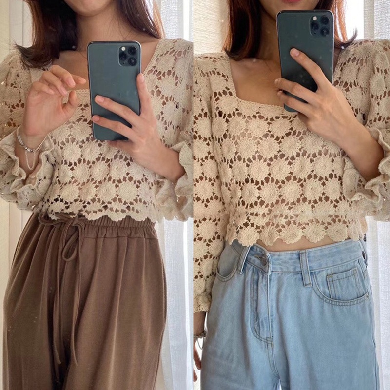 Brroa Áo Kiểu Dệt Kim Tay Phồng 3 / 4 Cổ Vuông Phối Ren Xuyên Thấu Thời Trang Cho Nữ Cr