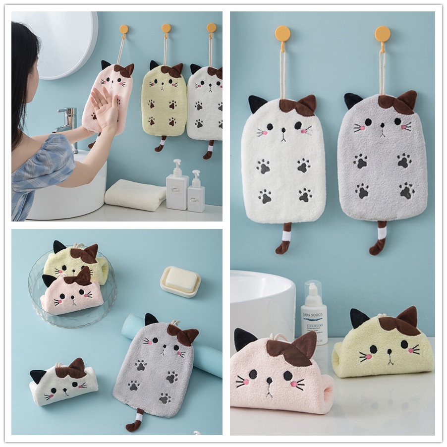 Khăn Lau Tay Treo Tường Vải Lông Cừu San Hô Hình Mèo Hoạt Hình Sáng Tạo Thấm Hút Nước