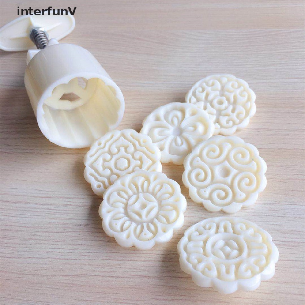 Bộ dụng cụ ép + 6 khuôn làm bánh trung thu hình hoa tiện dụng