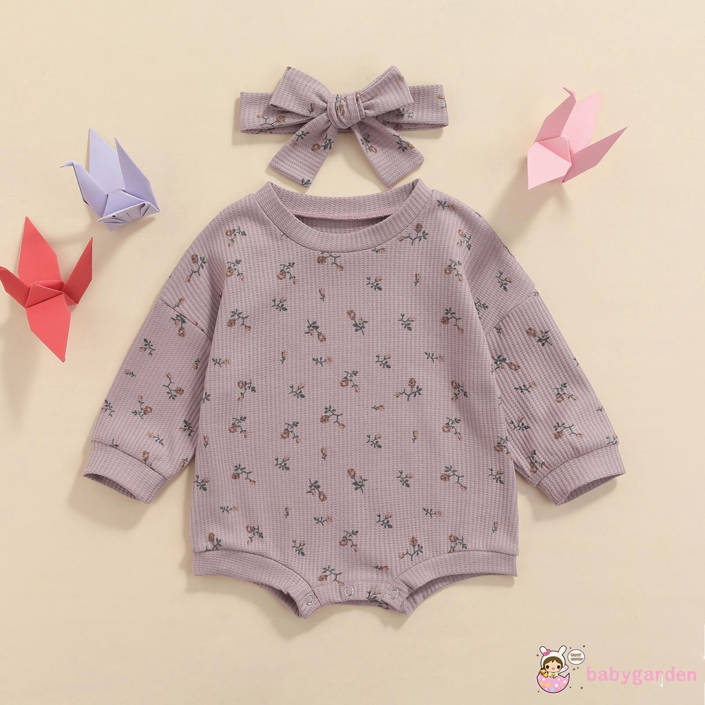 Áo liền quần tay dài cổ tròn in hoa và băng đô cài tóc thời trang mùa xuân cho bé gái