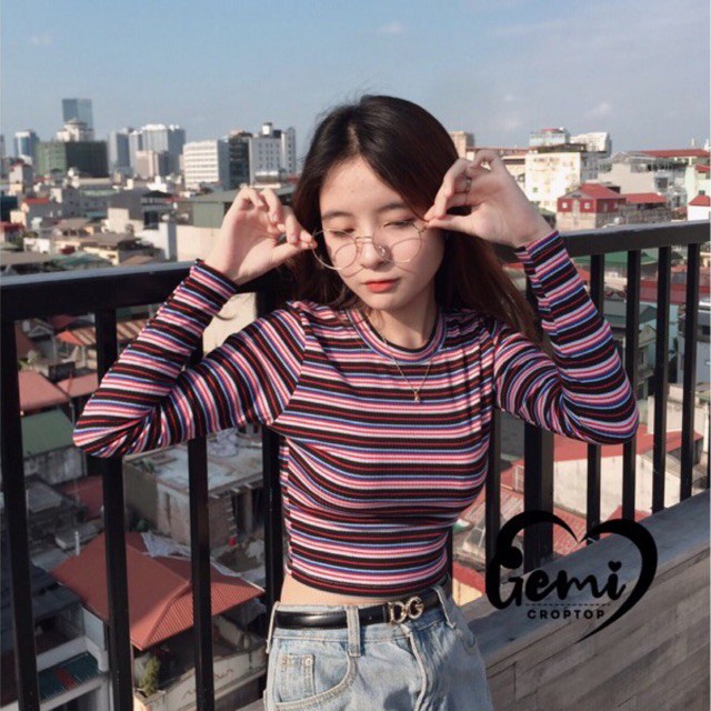 ÁO LEN GÂN CROPTOP SỌC TAY DÀI kèm hình và video quay thực B6-1, H13-1 Laca store, áo crt ôm body sọc ngang