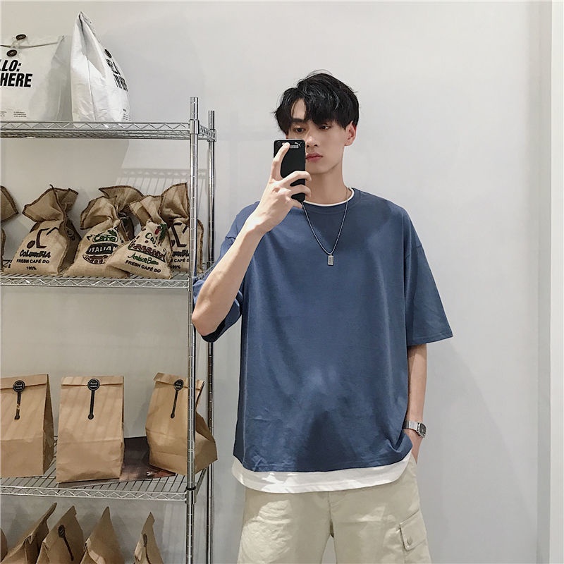 Áo Thun Ngắn Tay Giả Hai Lớp Cổ Tròn Form Rộng Thời Trang Mùa Hè Cho Nam