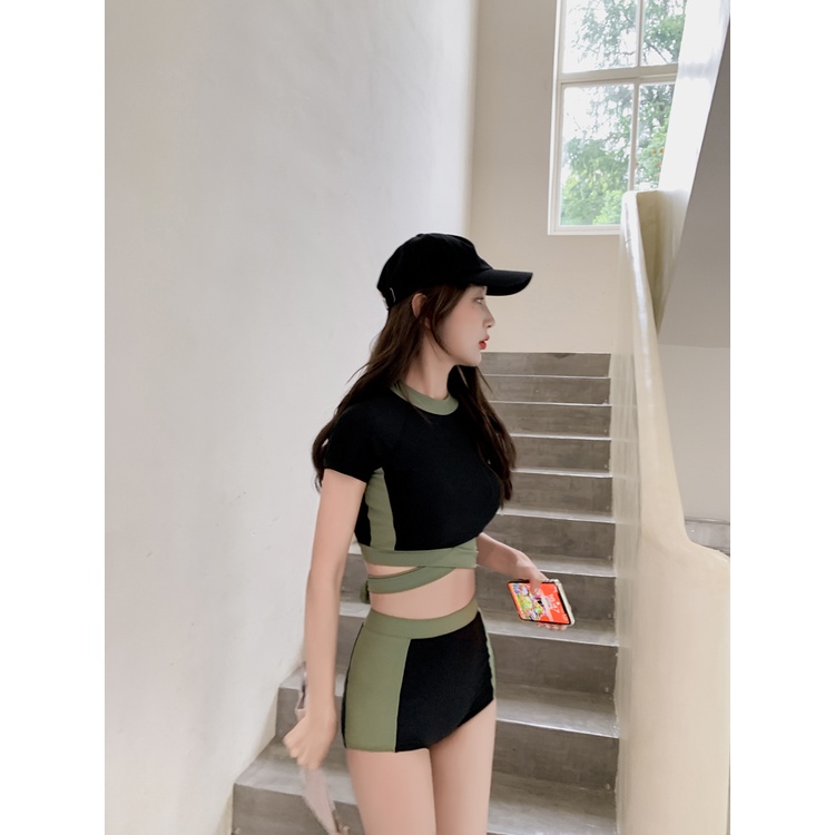 Bikini, Bộ Đồ bơi nữ áo tắm hai mảnh cộc tay xanh đen cá tính chất thun lạnh hàn quốc quần đùi cạp cao che bụng kín đáo