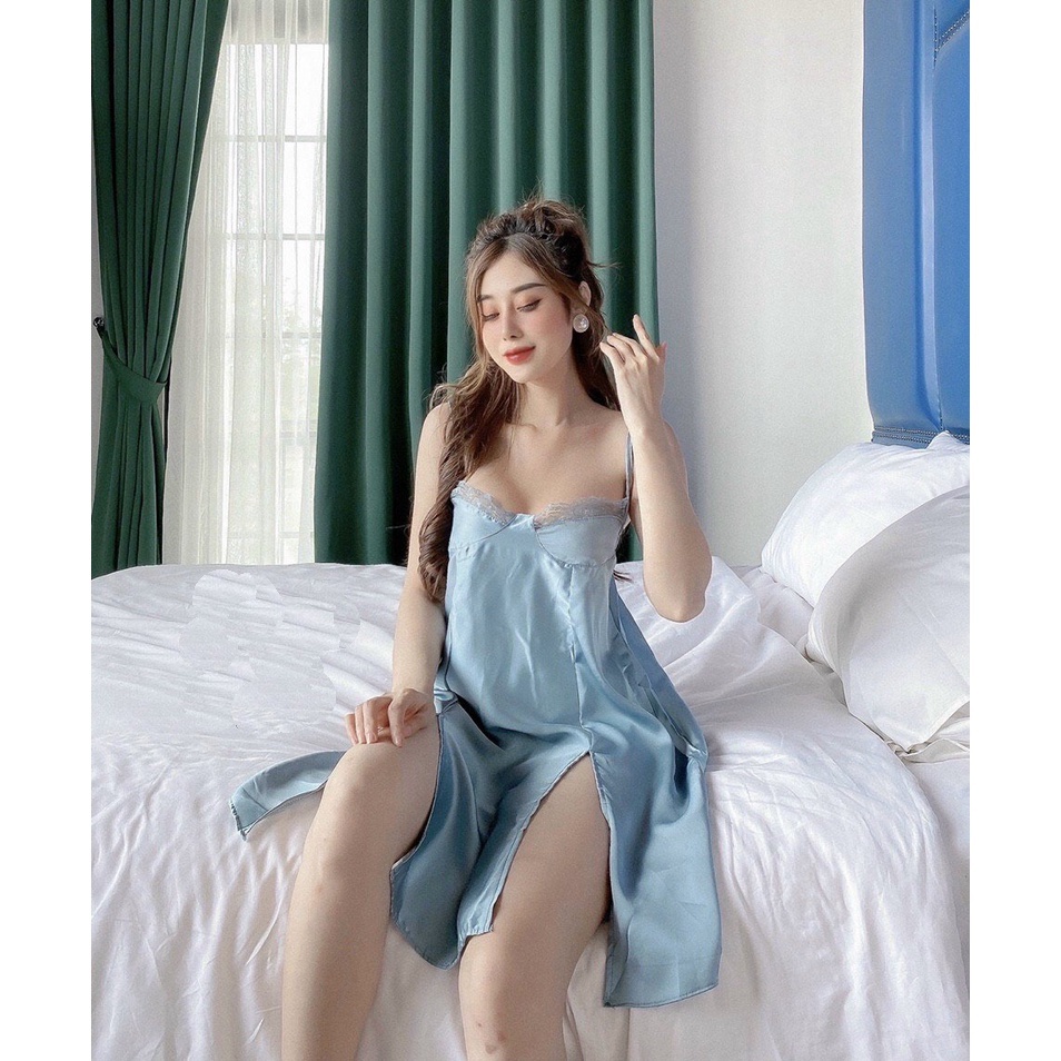 Đầm ngủ 2 dây sexy phối ren xẻ đùi gợi cảm lụa satin nhẹ thoáng mát