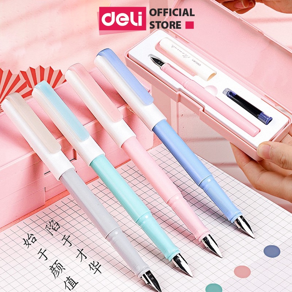 Bút máy học sinh kèm ống mực xanh cao cấp Deli - chống trơn trượt, viết trơn, mực ra đều - bút luyện viết chữ đẹp - A932