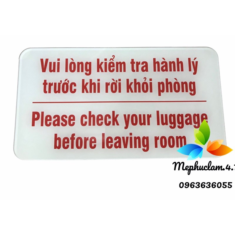 Bảng nhắc kiểm tra hành lý dùng trong khách sạn, nhà nghỉ, homestay bằng mica trong