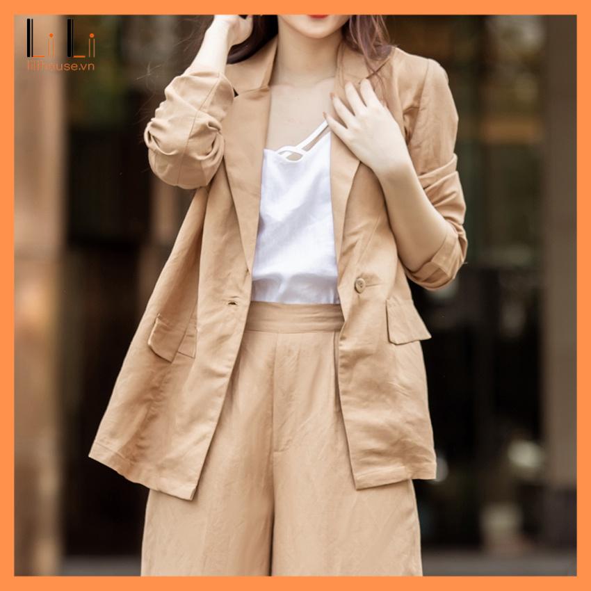 Set áo blazer vest nữ đẹp chất linen cao cấp công sở đẹp có bán kèm quần suông màu kaki | BigBuy360 - bigbuy360.vn