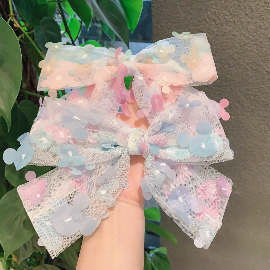 K88 Kẹp tóc nơ bấm vải voan đính hoa