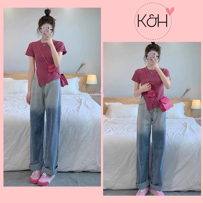 Quần jean loang 2 màu ống rộng KH099, quần bò culottes ống suông kiểu dáng ulzzang Hàn quốc