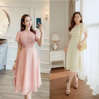 Đầm dự tiệc vải lông vũ, Váy xòe trang trọng Cao Cấp xếp ly cúp ngực cổ tròn tay ngắn, nữ tính quyến rũ - MiNhi