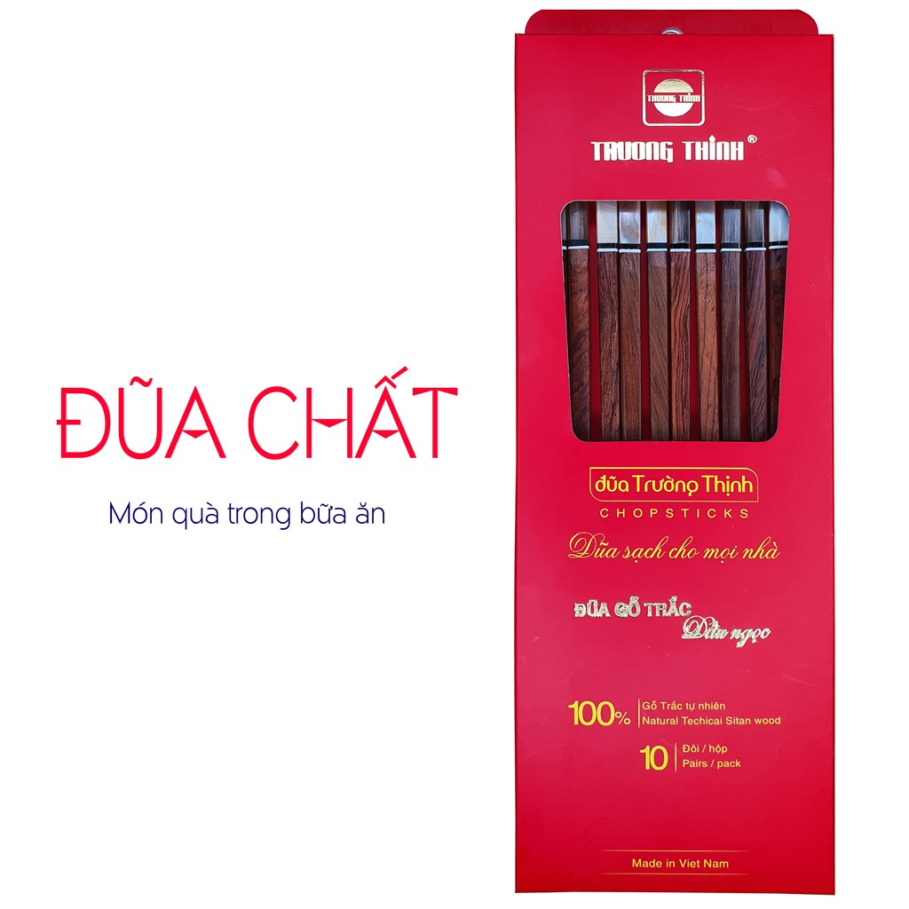 Đũa Gỗ Trắc Cao Cấp TRƯỜNG THỊNH Đầu Gắn Ngọc Màu Hồng - Hộp Màu Đỏ - 10 Đôi Vuông.