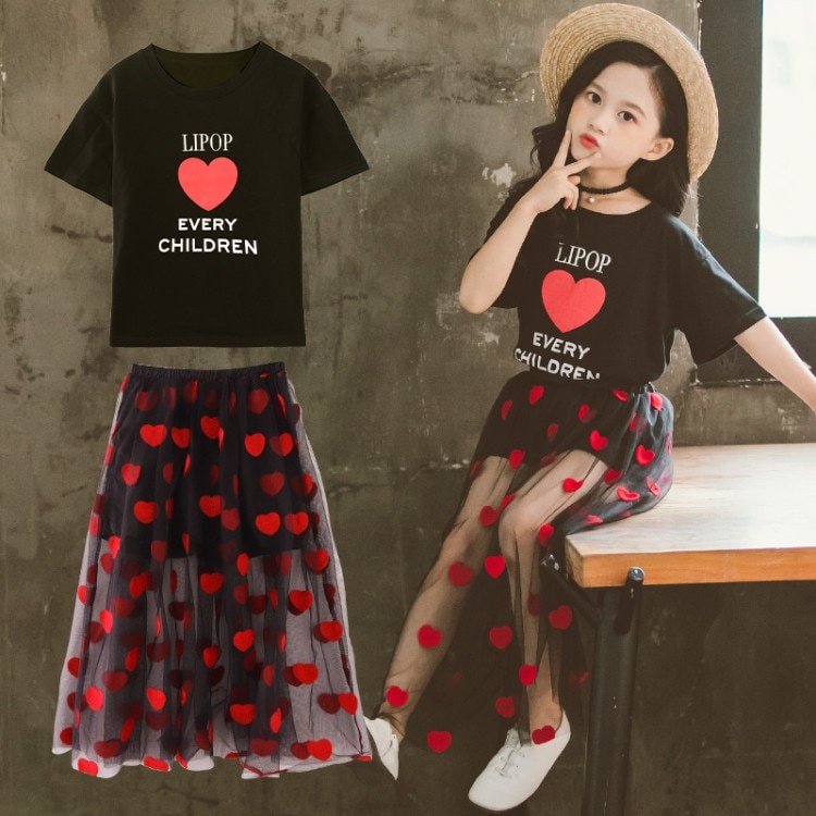 Bộ đồ 2 mảnh áo thun cotton hình trái tim + váy dành cho bé gái 3 5 7 9 11 tuổi