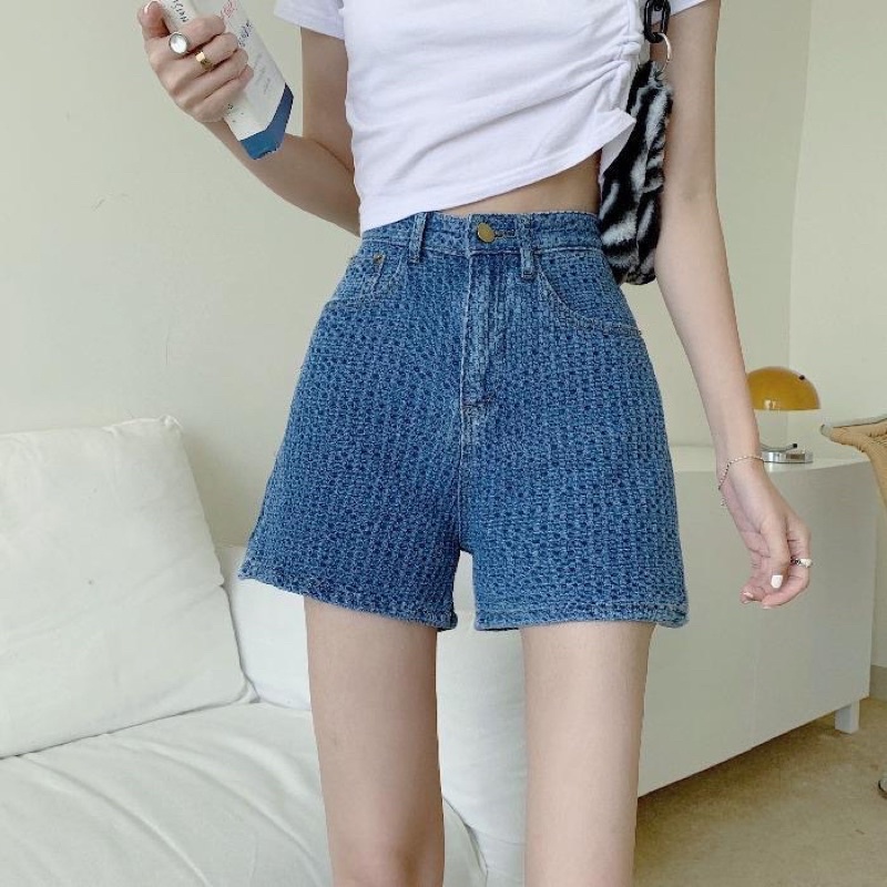 Quần Sooc Denim Lưng Cao Họa Tiết Siêu Chất