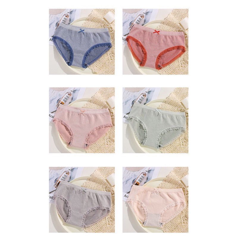 Quần Lót Cotton Co Giãn 4 Chiều Kẻ Caro Viền Ren Dễ Thương 555