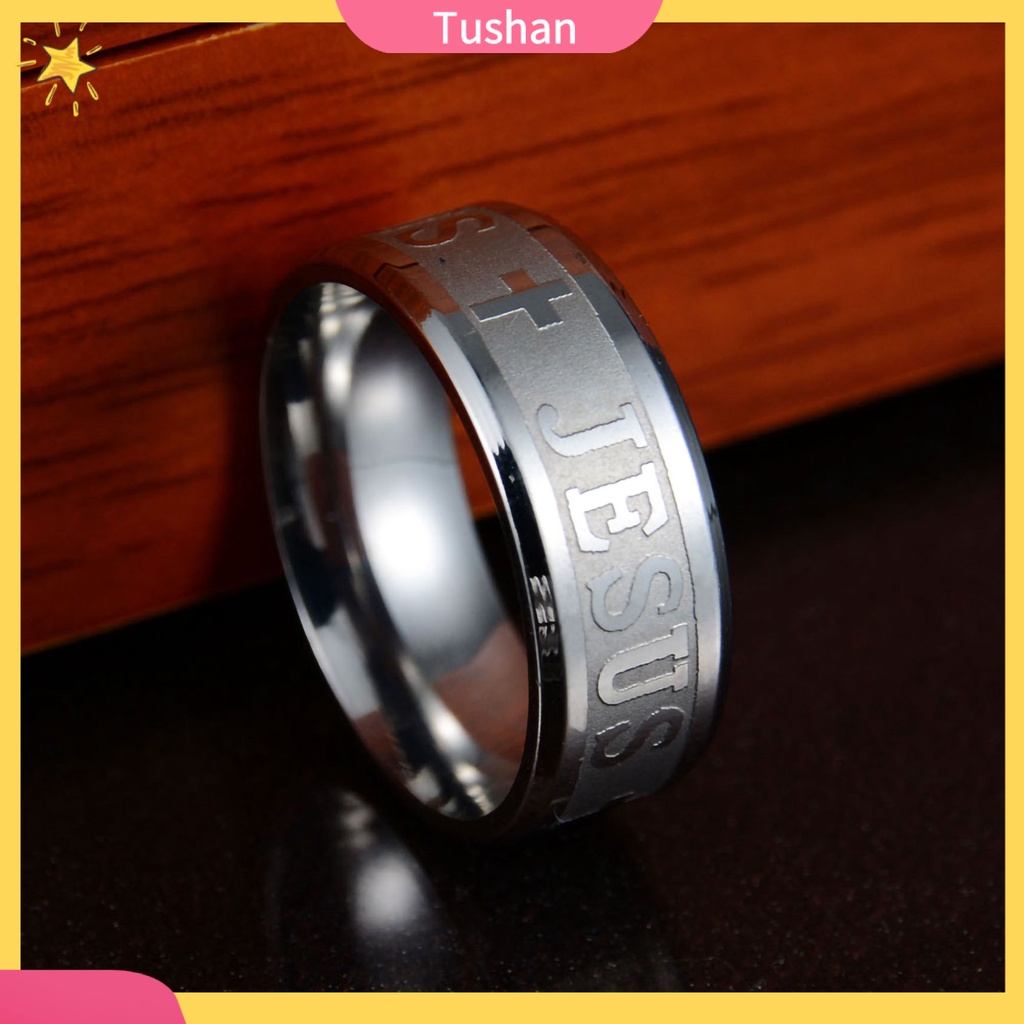 Nhẫn thép không gỉ họa tiết khắc thập giá và chữ Jesus độc đáo thời trang