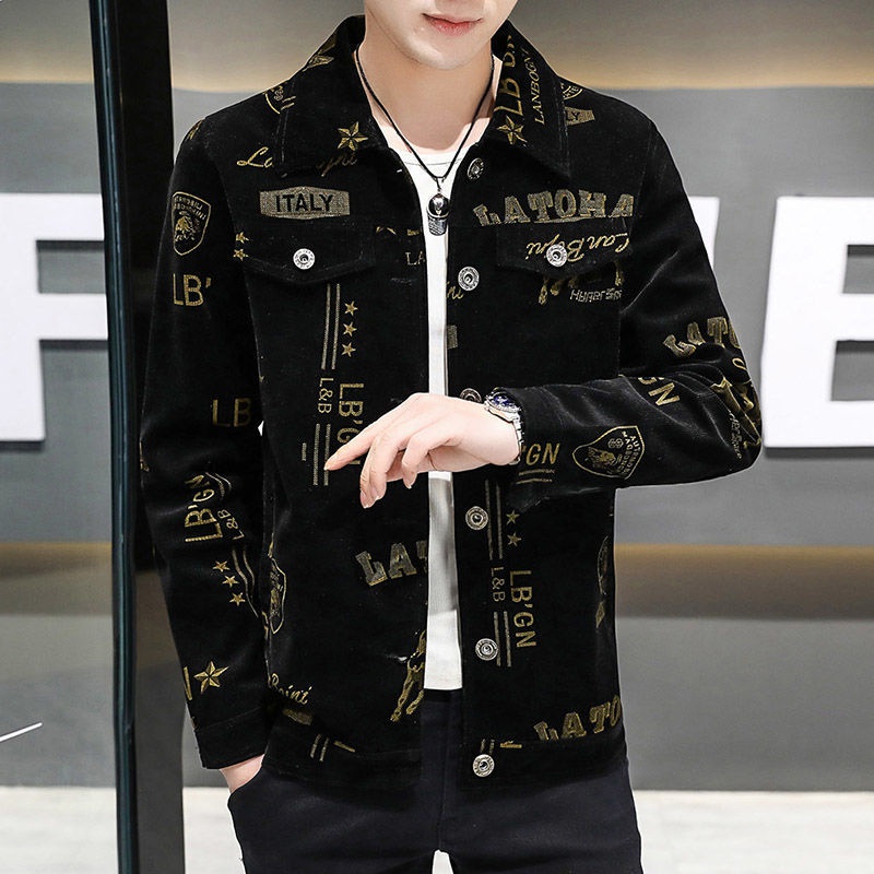 Áo khoác nhung in họa tiết phong cách xuân thu thời trang cá tính cho nam