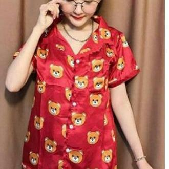 Pijama phi bóng ngắn in hình gấu