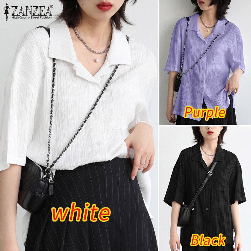 Áo sơ mi ZANZEA cổ bẻ ngắn tay có túi trước thời trang cho nữ