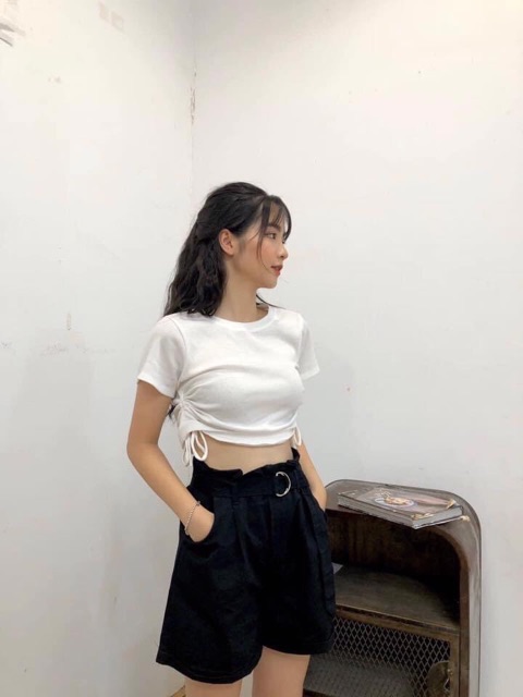 Free ship_Áo croptop dây rút 2 bên trơn