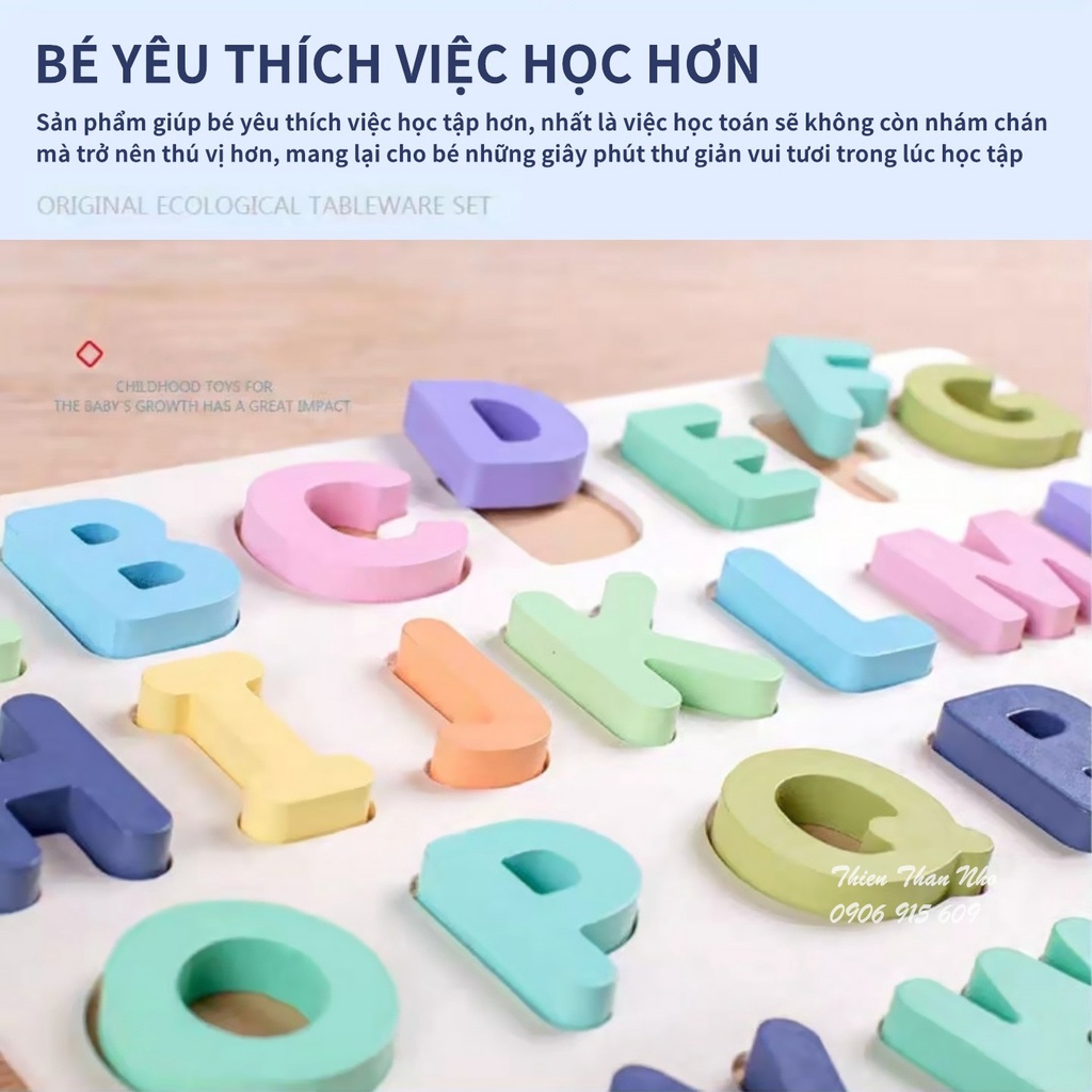 [Hàng loại 1] Bảng gỗ chữ cái, số đếm, hình học khối 3D sinh động nhiều sắc màu, đồ chơi học tập thông minh