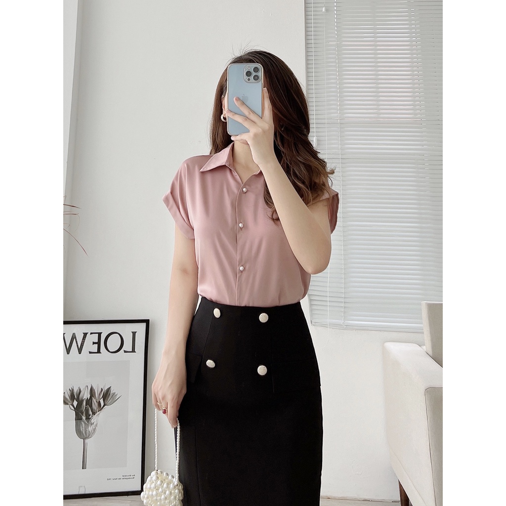 Áo sơ mi nữ ngắn tay cổ đức tay dơi phối cúc ngọc ZYM'S HOUSE K1240